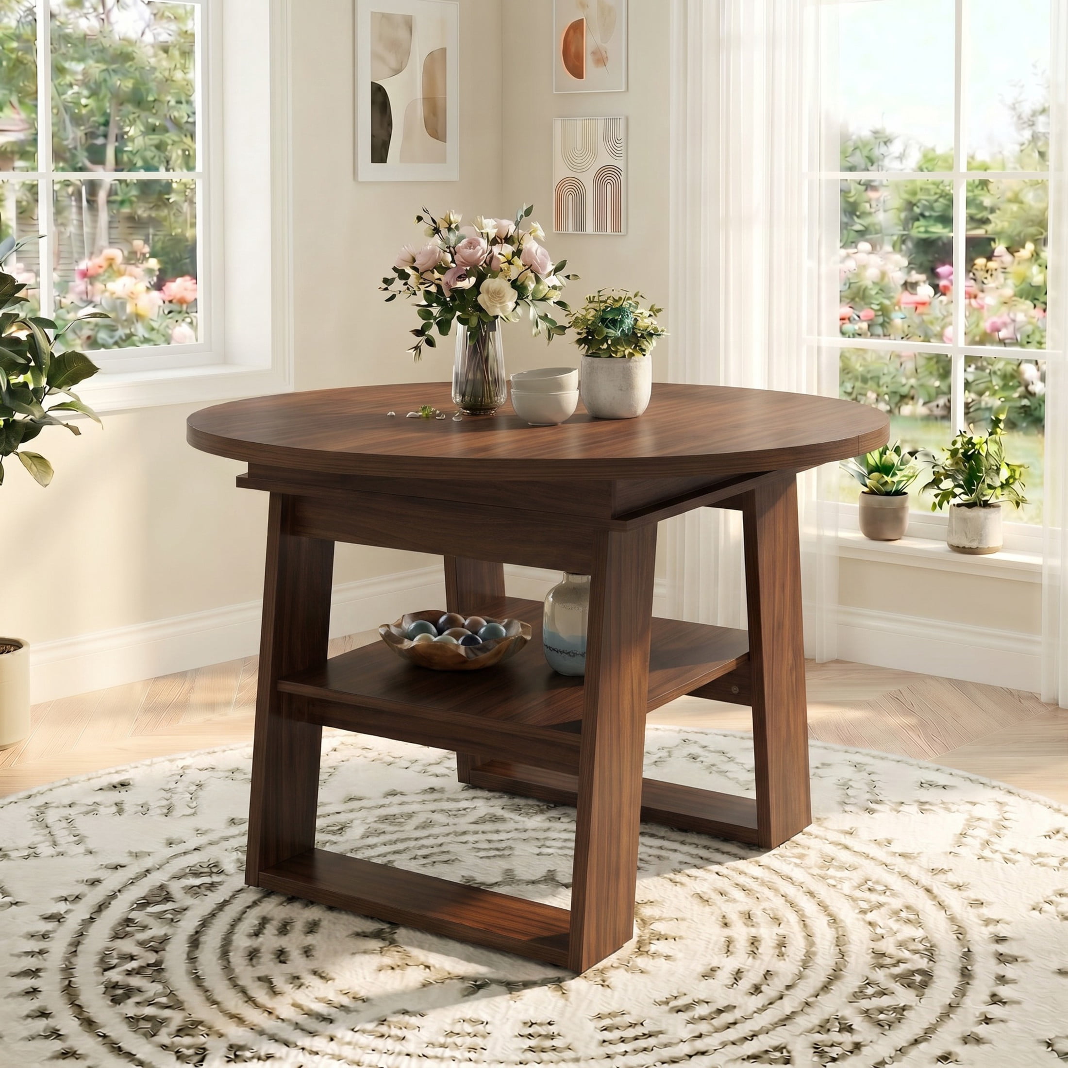 Noble House 43.3"-59.05" Extendable Round Dining Table, Oval Kitchen Table with Storage Shelf, Walnut