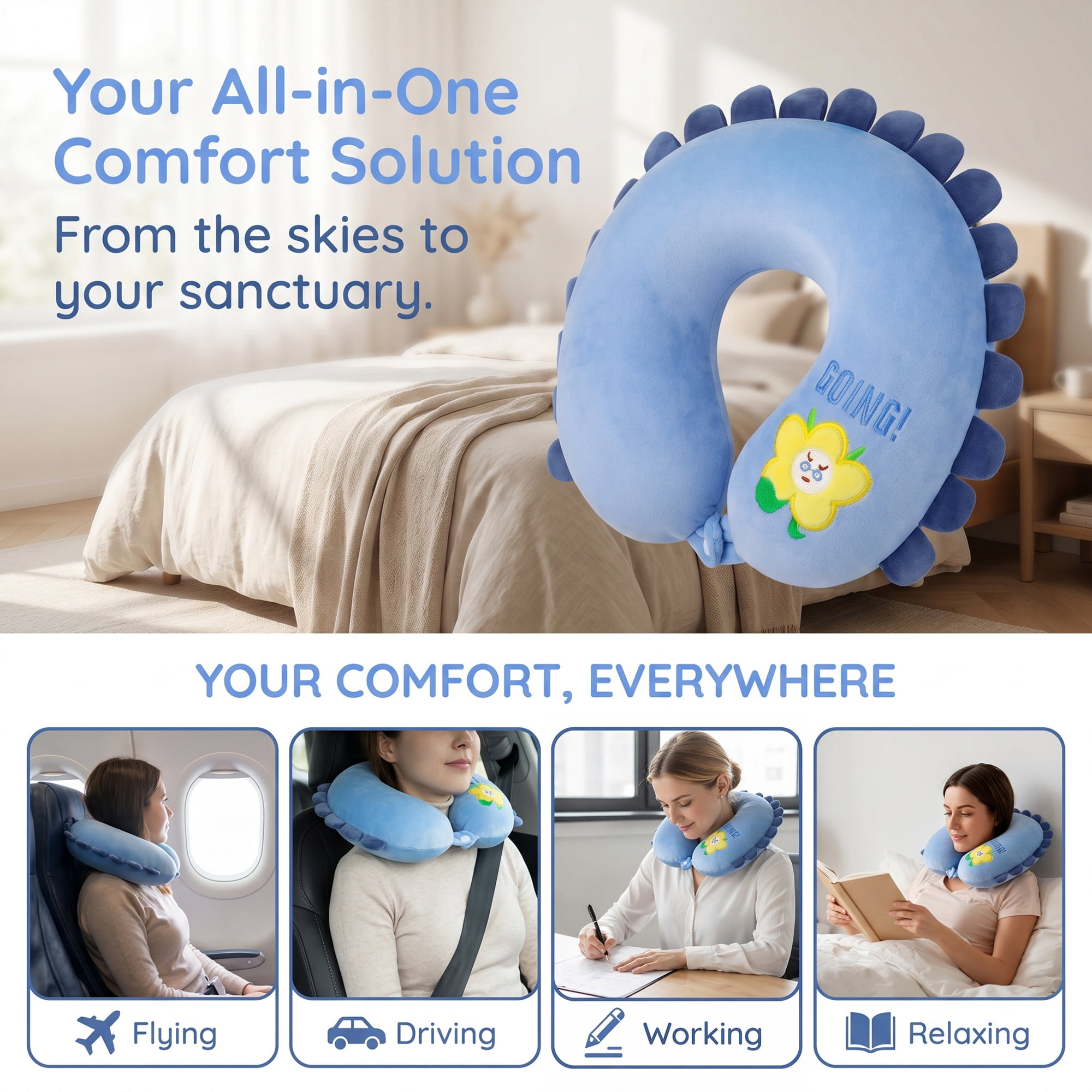 Unique Bargains Memory Foam Neck Pillow U Shape Sunflower Neck Pillow Dark blue 12"x12"