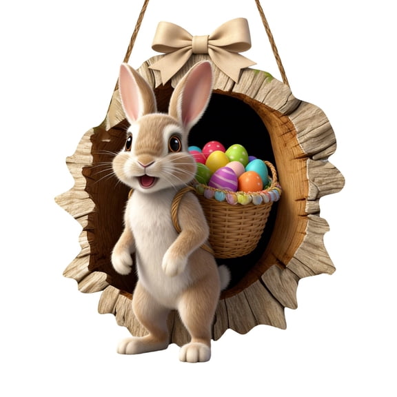 Wooden Bunny Welcome Sign Easter, Rabbit Hole Door Sign Spring Wreaths For Front Door, Rabbit Wreaths Wall Hanging Decoration, Garland For Home Farmhouse Decor 11.8 Inch