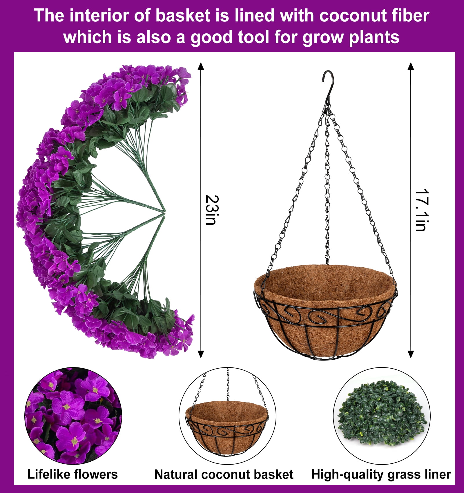 Scidweet Artificial Hanging Flowers with 12" Basket for Outdoors, Fake Flowers Faux Hydrangea for Spring Summer Outside Indoor Home Garden Decoration, Purple