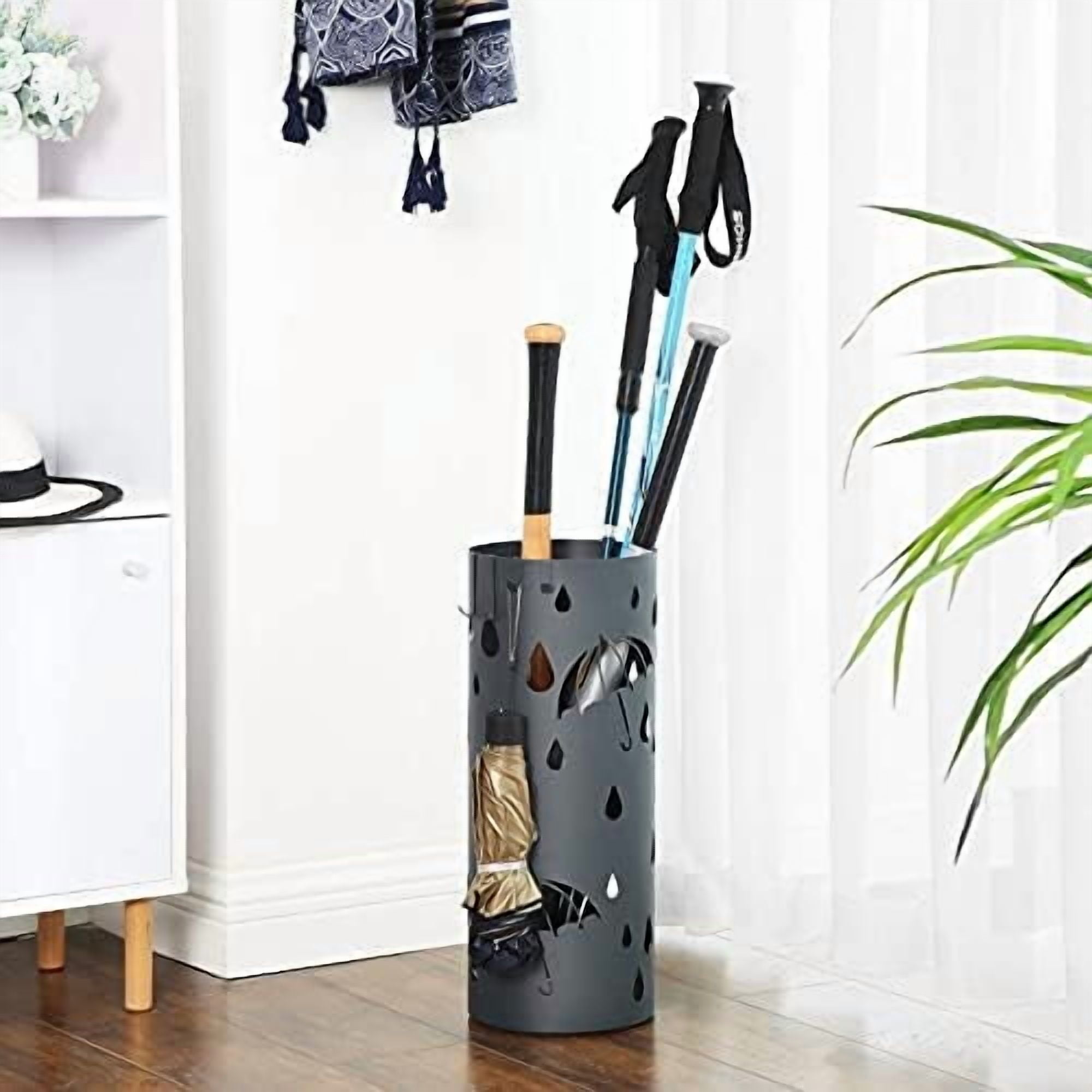 Umbrella Stand, Metal Umbrella Holder for Entryway, with Water Tray and 4 Hooks, 7.7 x 7.7 x 19.3 Inches, Round, Anthracite Gray ULUC23AG