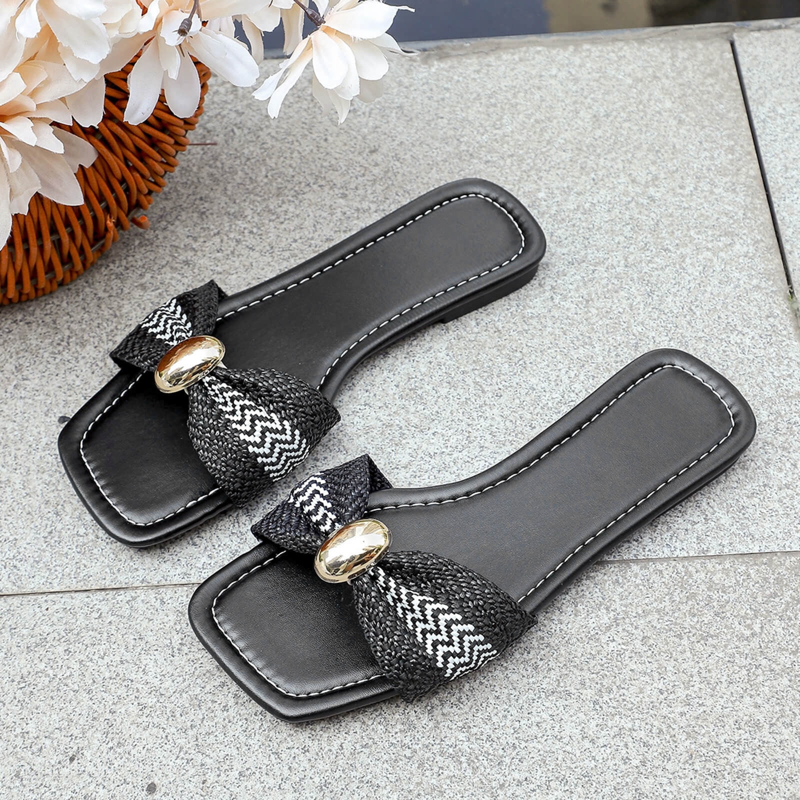 Gpaecead Women Woven Bow Flat Slide Sandals Metal Buckle Soft Fabric Non Slip Spring Summer Casual Shoes,Black