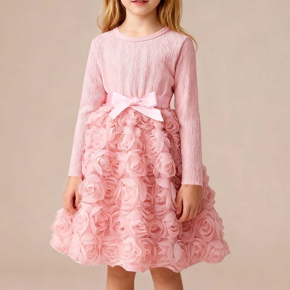 Girls Princess Dress with 3D Flowers Long Sleeve Party Dress for Birthday Holiday Church Pink,Size 2-3 T