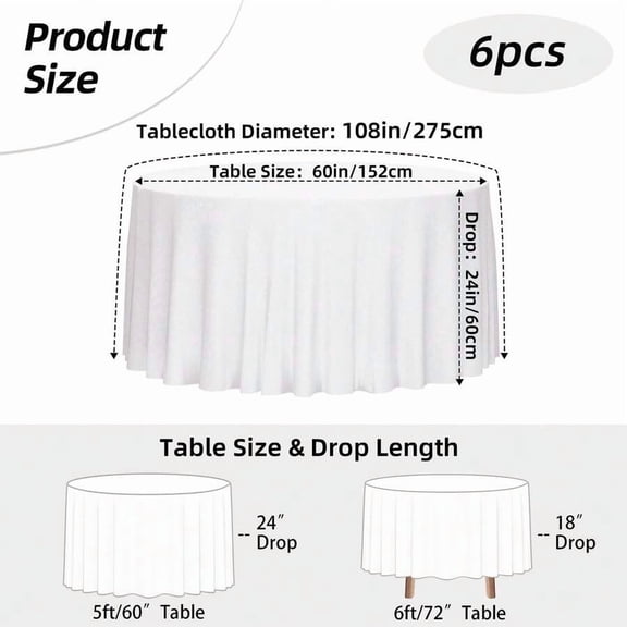 Round Tablecloth 108 Inch White Polyester 6 Pieces For Wedding Party Banquet