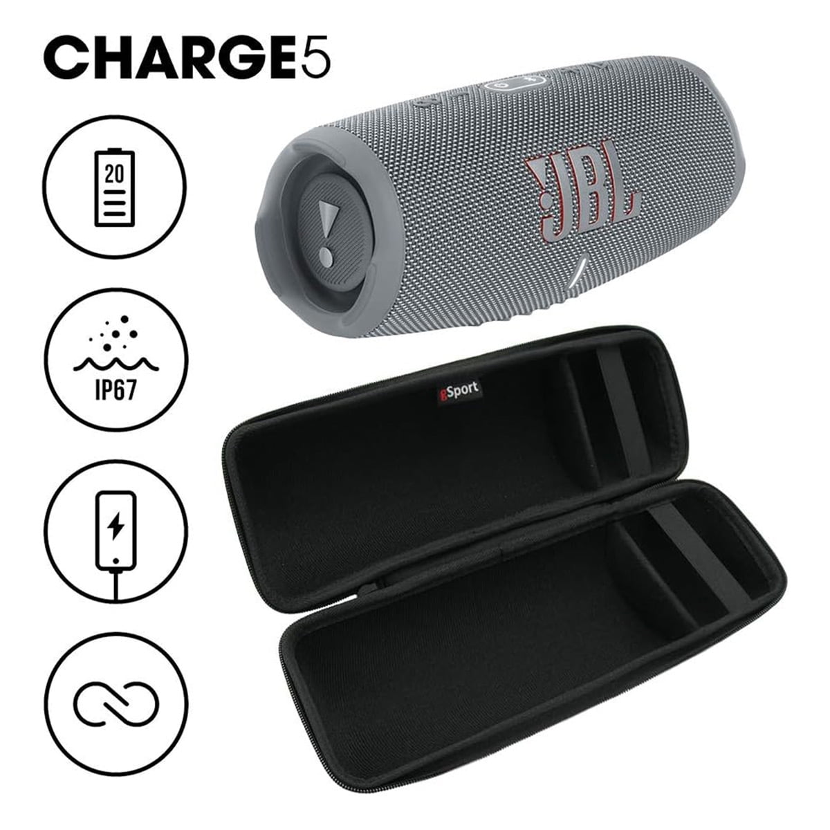 JBL Charge 5 Waterproof Portable Bluetooth Speaker with gSport Carbon Fiber Case (Gray)  (图4)