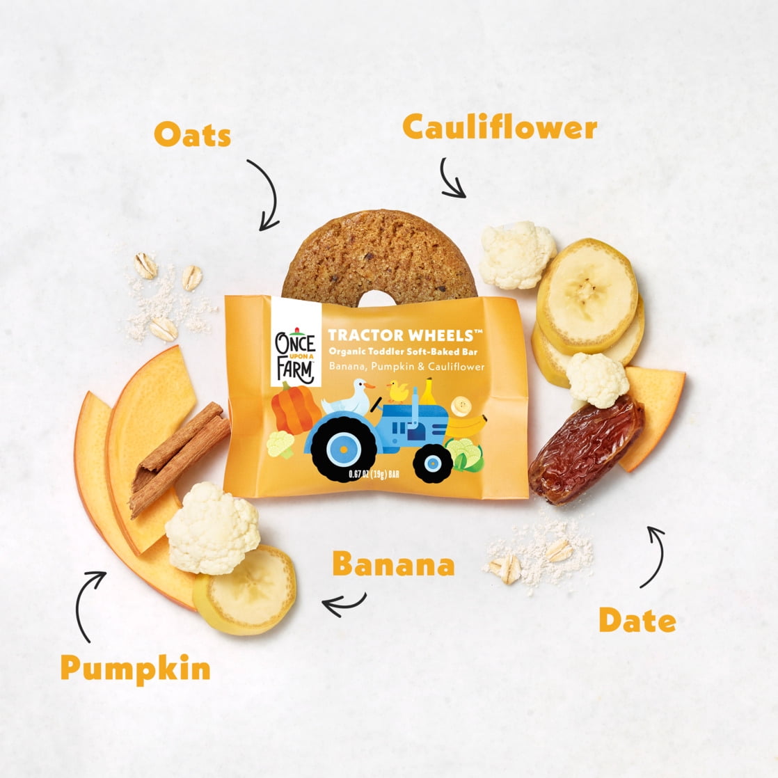 Once Upon a Farm Organic Tractor Wheels Toddler Bar, Banana, Pumpkin & Cauliflower, 5ct
