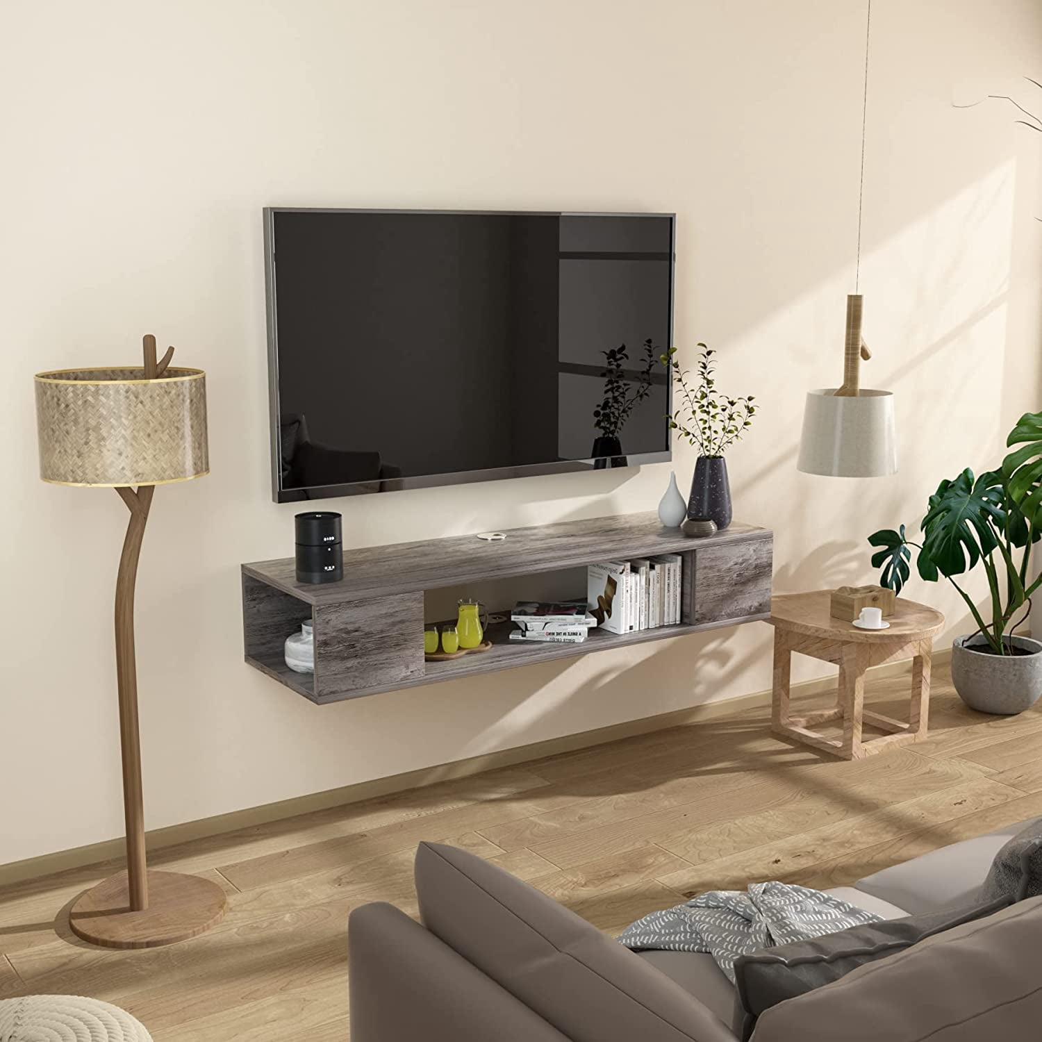 Floating TV Stand, Wall Mounted Entertainment Center and Cabinet Shelf, TV Console with Storage, Media Console for DVD Player, Space-Saving Under TV Shelf for Bedroom (Rustic Brown)