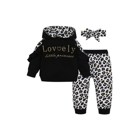 

elfinBE Infant Baby Girl Leopard Printed Pants Long Sleeve Hoodie And Hairband Outfits Set 3-18M