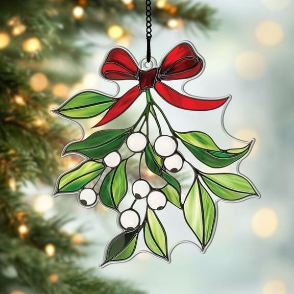 Mistletoe Acrylic Suncatcher, Green Leaves White Berries Sun Catcher, Christmas Festive Ornament Gift Home Window Hanging Decor, Couple Gift