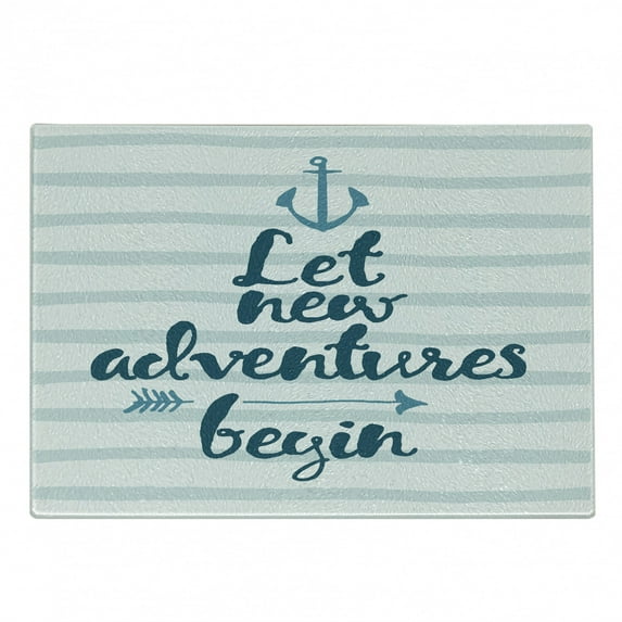 Adventure Cutting Board, Nautical Stripes Anchor and Arrow Text Sea Travel Cruise, Decorative Tempered Glass Cutting and Serving Board, Small Size, Night Blue Pale Blue, by Ambesonne