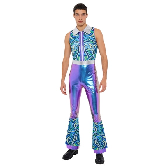inlzdz Mens Metallic Shiny Disco Jumpsuit Party Hip Hop Jazz Dance Unitard Romper Tiered Flared Long Pants Gradient Blue XL