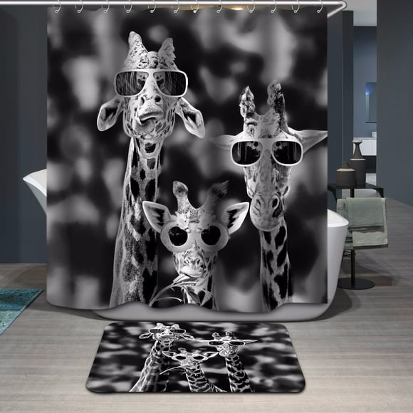 180*180cm 150*180cm Shower Curtain Modern Polyester Bathroom Accessories Panda Giraffe Pattern Waterproof 12 Hooks + Floor 40*60cm Carpet Mat Rug Set 