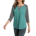 thumbnail image 3 of 3/4 Sleeve Raglan Shirts for Women Color Block Henley Blouse Button Tunic Tops(Green S), 3 of 5