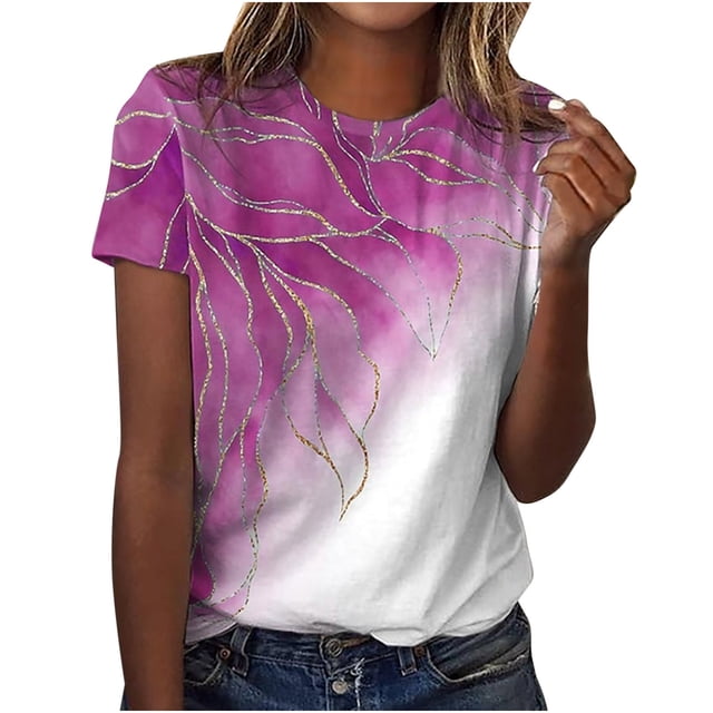 Hauts Tuniques pour Femmes Coupe Ample Chic Col Rond Manches Courtes Pli Régulier Blouse Imprimée T-shirt Hauts d'Été pour Femmes