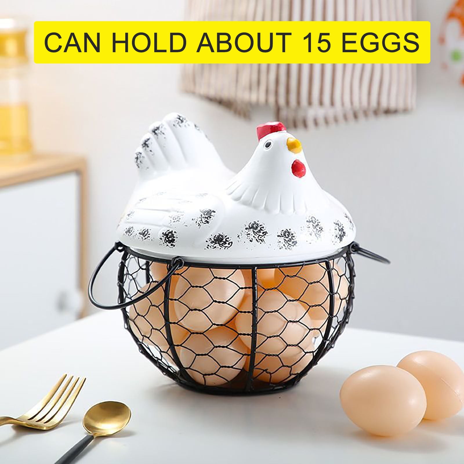 Hen-Shaped Iron Egg Basket, Chicken Egg Holder, Farmhouse Style Storage Container, Hollowed-Out Basket for Potatoes, Garlic, Kitchen Countertop Organizer, Decorative Egg Tray, HAODEJW