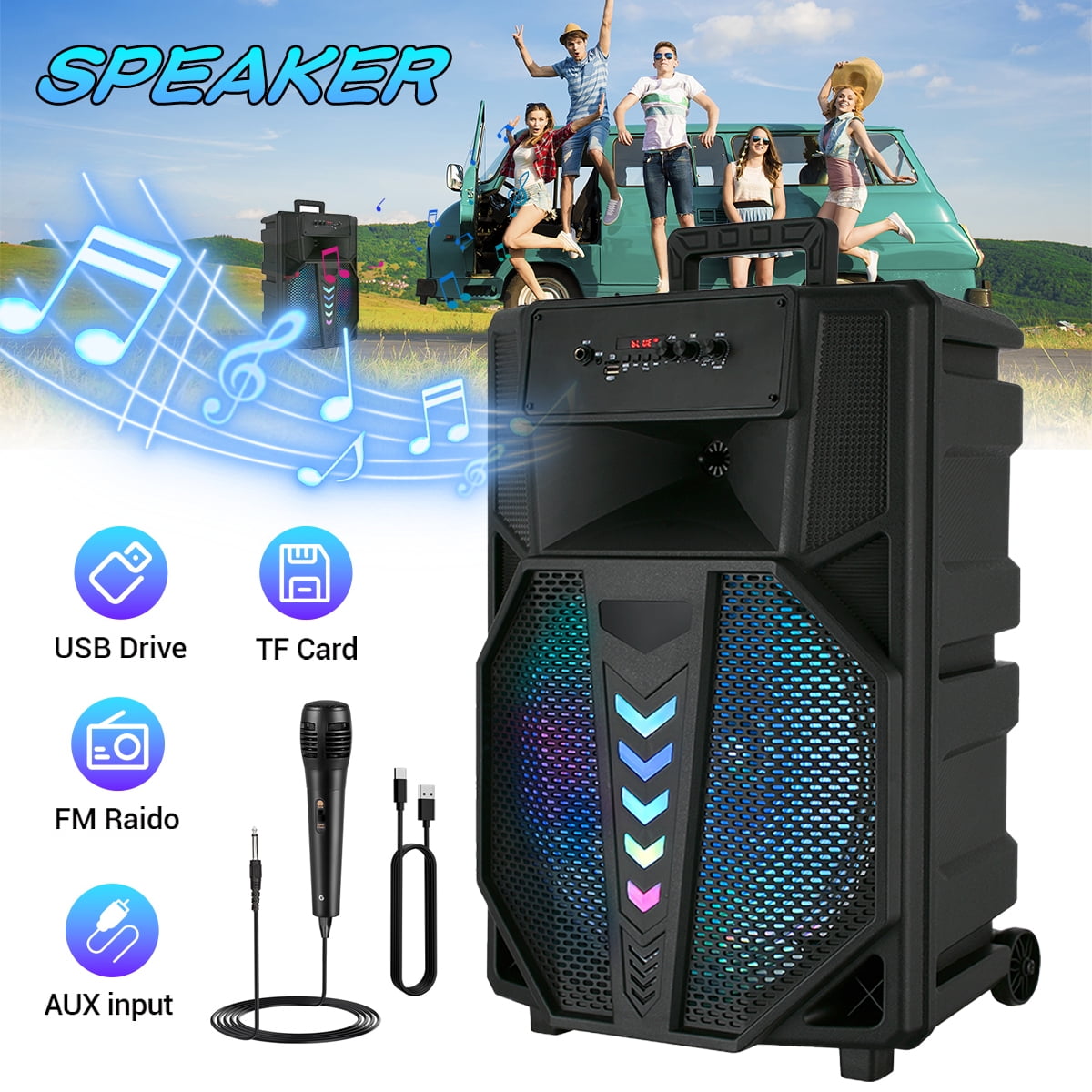 15" Woofer Portable Wireless Party Speaker with Microphone, RC, LED, Black,USB/TF/BT/AUX/FM/TWS