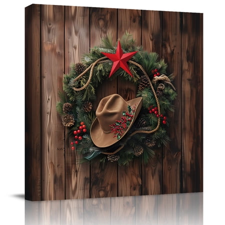 Wall Art Prints Western Christmas Framed Canvas Prints for Bedroom Living Room Bathroom Office Xmas Botanical Wreath Brown Gallery Wrap Wall Art Poster for Gifts Home Decor 8 x8