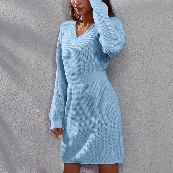 Women V Neck Shoulder Drop Long Sleeve Waistband Woolen Dress Women's Knitted Dress Autumn And Winter New Distressed Sweater Dress Women Sweater Dresses for Women Wrap plus Size Dresses Cute Dresses