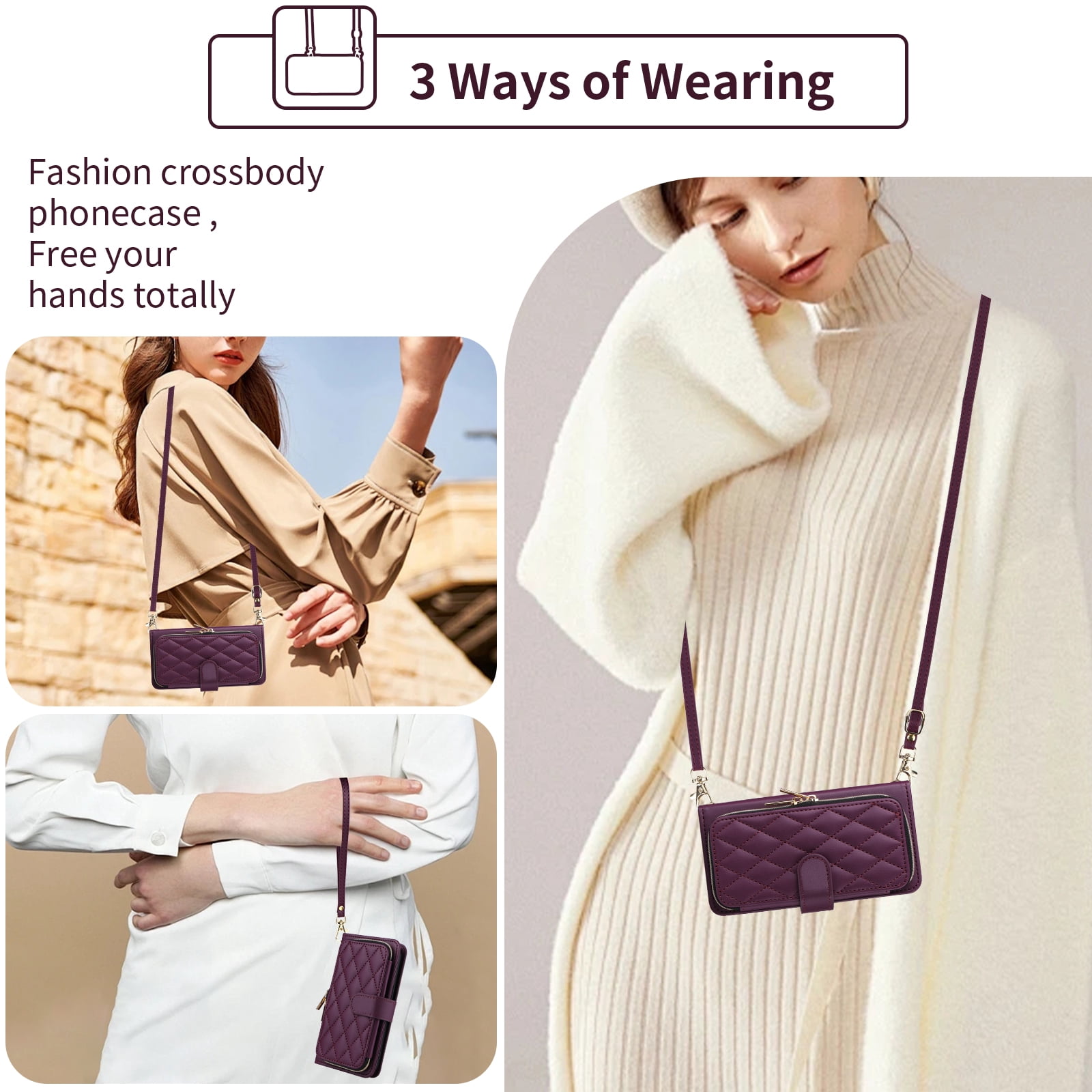Furiet Wallet Case for Samsung Galaxy Z Fold 4 5G 2022 with Wrist Strap Crossbody Shoulder Strap Card Slot Zipper Purse Luxury PU Leather Stand Phone Cover for ZFold4 Z4 Fold4 4Z ZFold45G Deep Purple