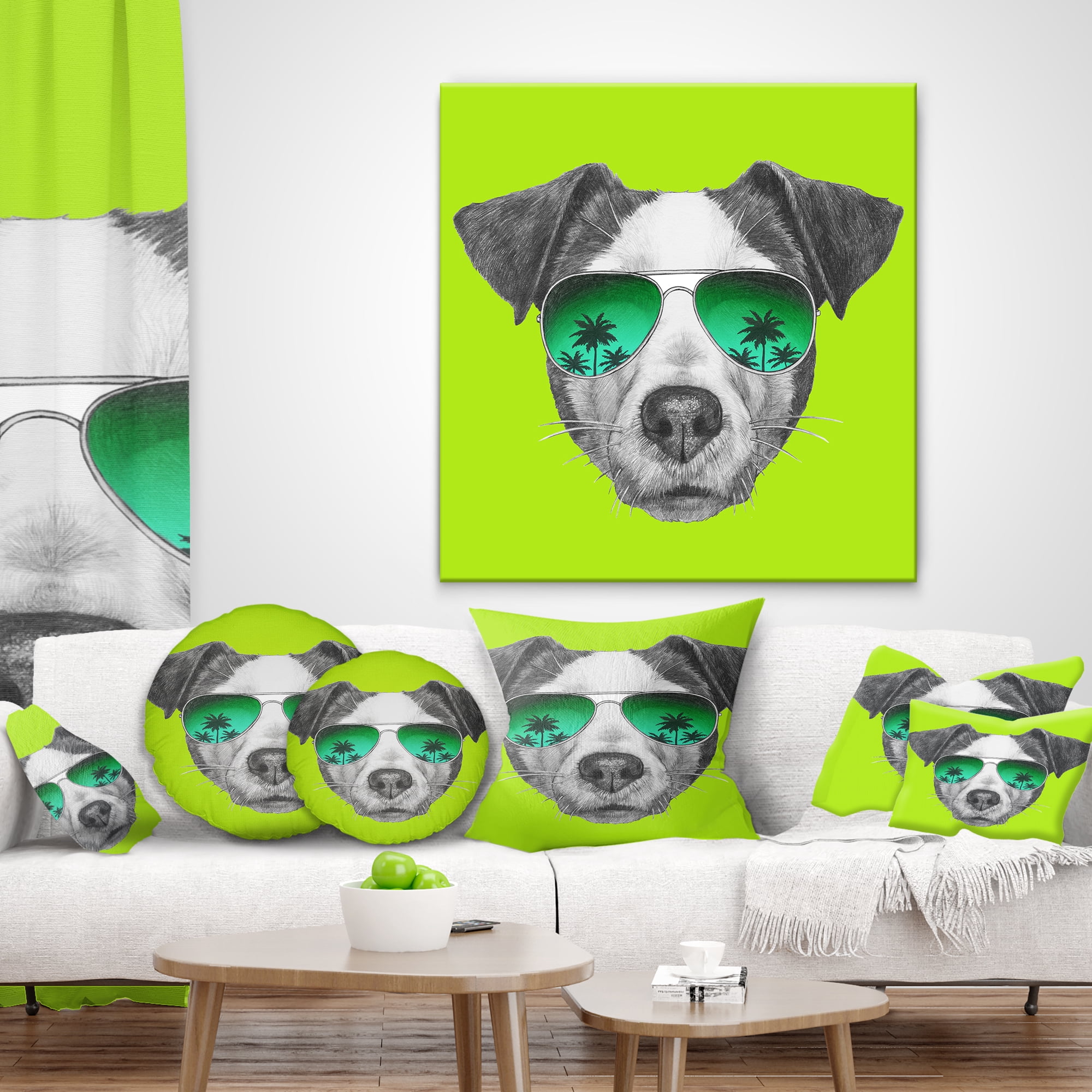 Designart Jack Russell in Green Glasses - Contemporary Animal Throw Pillow - 12x20