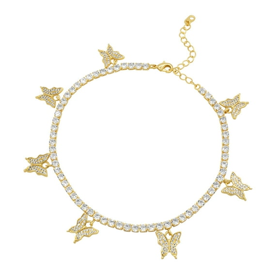 BEBERLINI Butterfly Tennis Anklet 14K Gold Plated 3 mm Foot Bracelet 9" Chain Cubic Zirconia Stones Fashion Jewelry Women 2" Extender