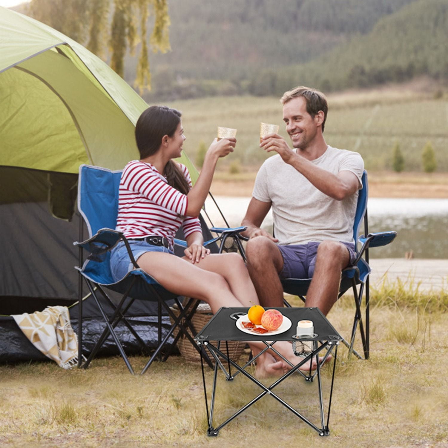 Portable Folding Camp Table 18.5"x18.5", Ultralight 2 lb, 44 lb Load, 600D Oxford Top, Built-in 2 Cup Holders, Pop-Up Setup, Mini Square Table for Picnic, Beach, Tailgate & Travel