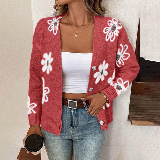 Chaqueta y abrigo informal sin mangas y sin capucha para mujer, de invierno, holgada, informal, con estampado floral, con botones, de punto, de manga larga, tipo cárdigan, abrigo para mujer