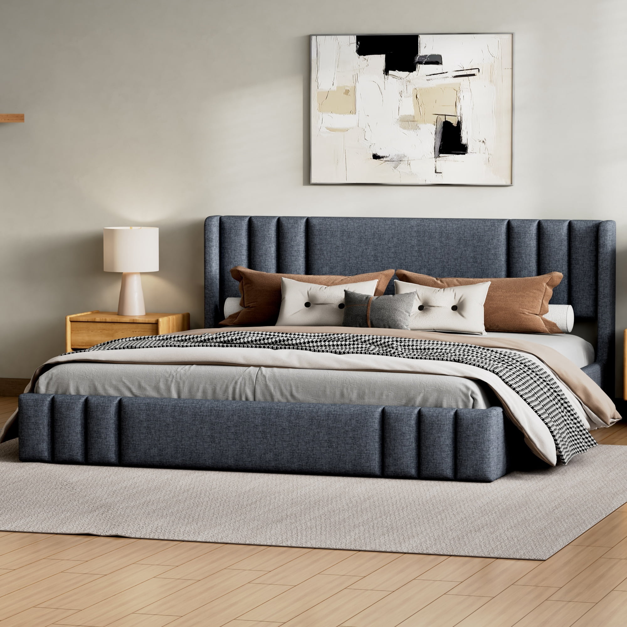 Euroco Queen Size Upholstery Platform Bed with Headboard, No Box Spring Needed, Gray