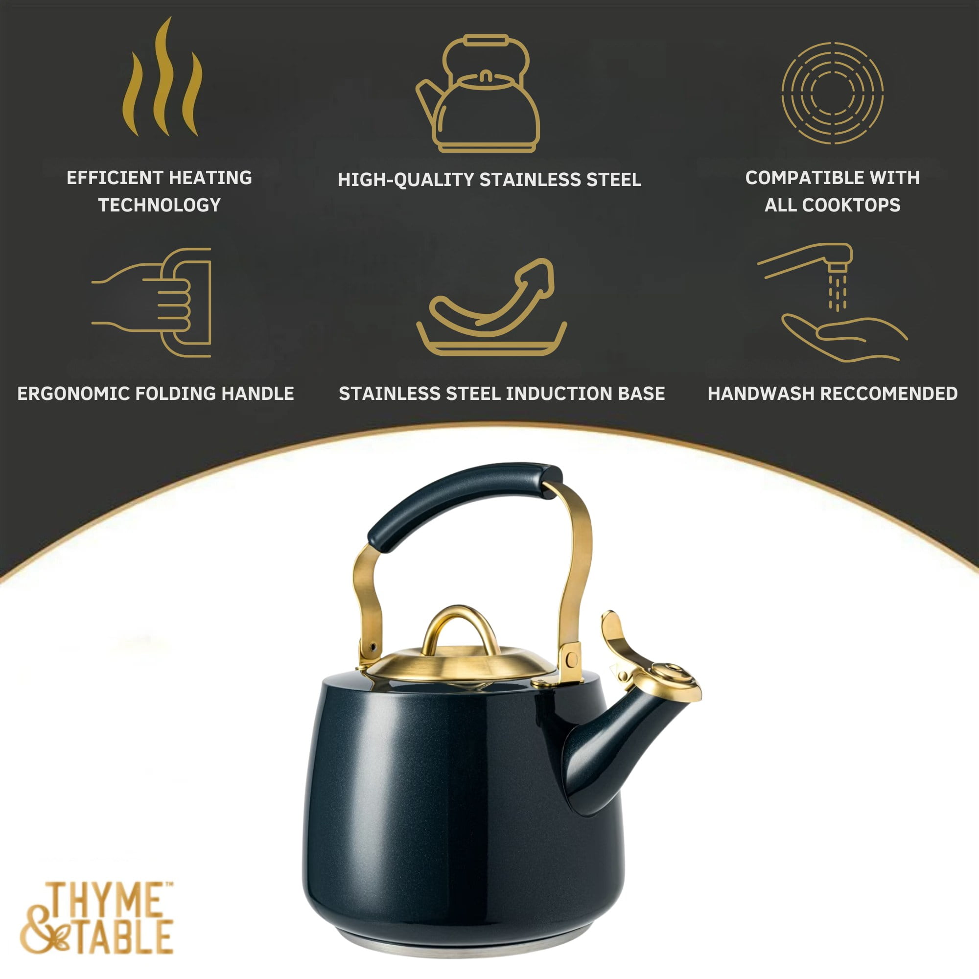 Thyme & Table Stainless Steel 1.8L Stovetop Tea Kettle- Blue & Gold