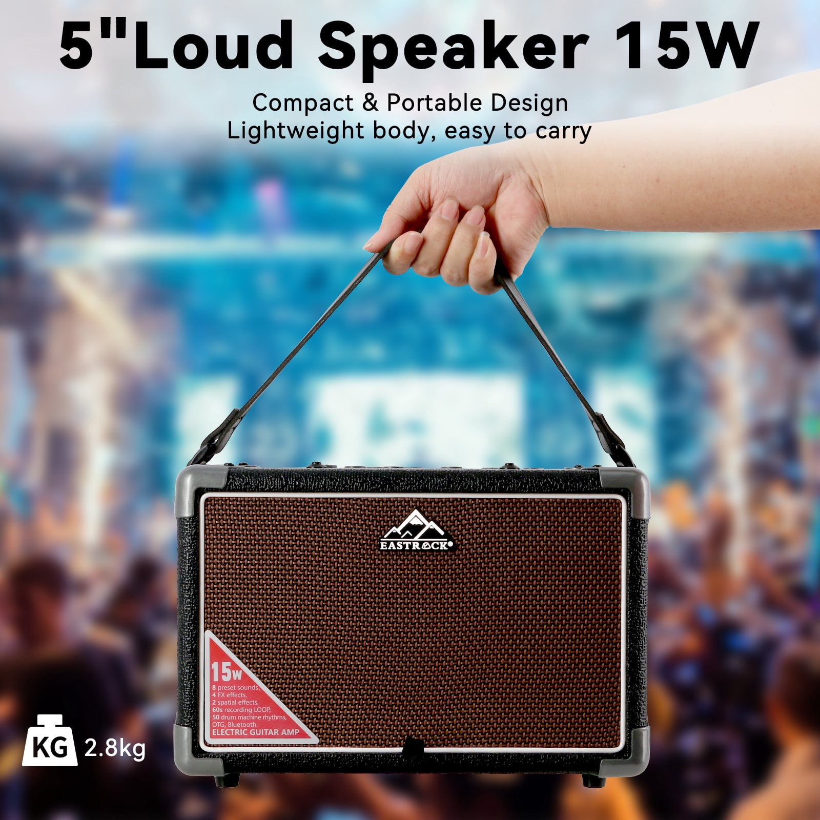 EASTROCK 15W Electric Guitar Amp, EGA-15W Portable Bluetooth 8 Voices FX Effects, Built-in Looper & Drum Machine Speaker, AUX/OTG/Headphone -Black