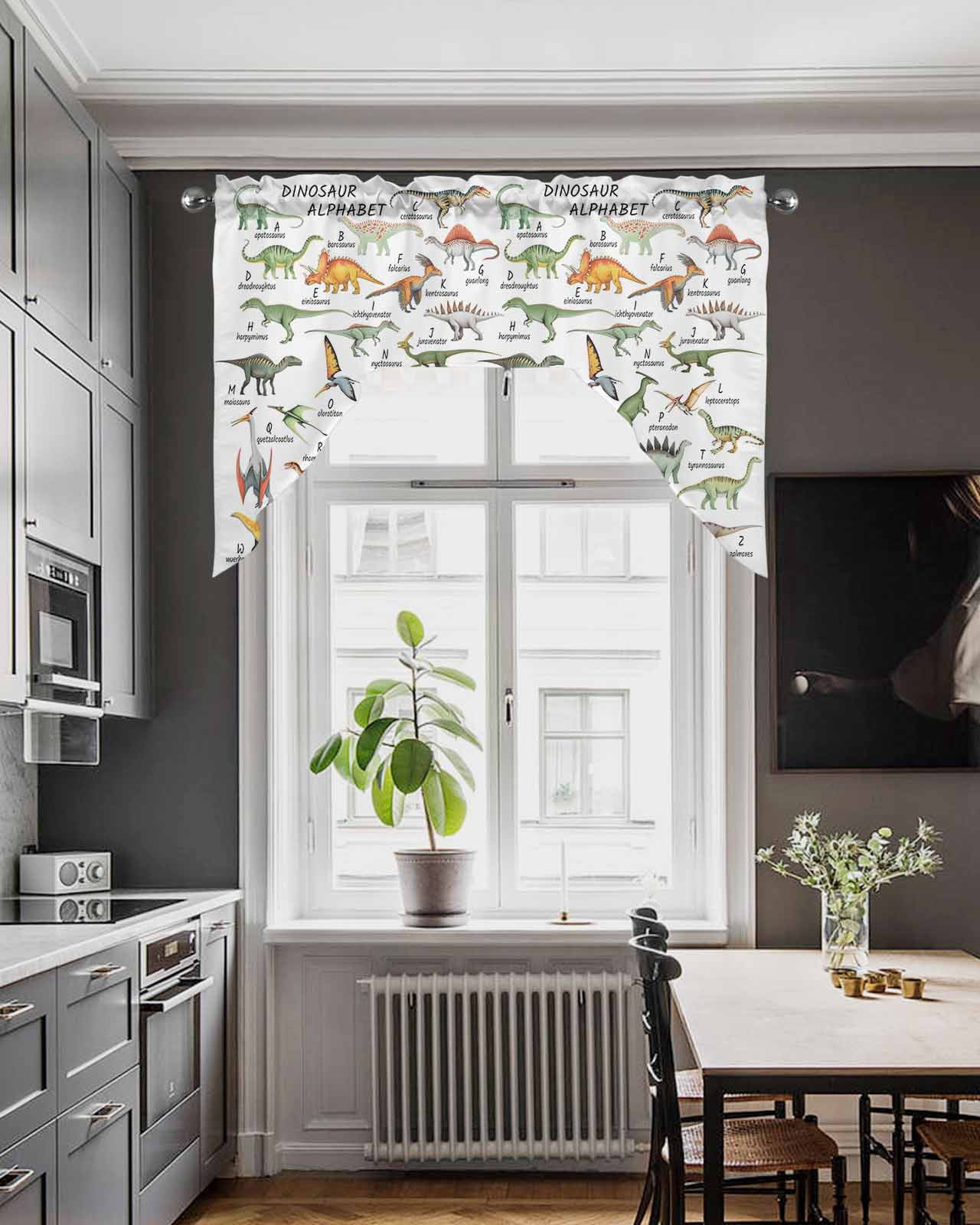Dinosaur Swag Curtains for Kitchen Funny Dino Cute Cartoon Boys Girls Children Valances for Windows Rod Pocket Small Window Treatment Topper for Cafe Bedroom Bathroom Living Room Decor 56x36 Inch