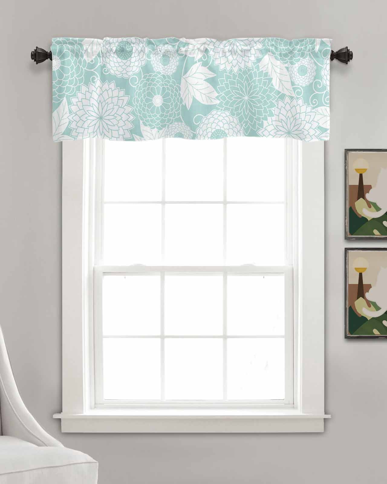 Faux Linen Valances for Windows Light Green Abstract Floral Pattern Curtains Valance Light Filtering Rod Pocket Small Window Treatment for Kitchen Living Room Bedroom 42x18In