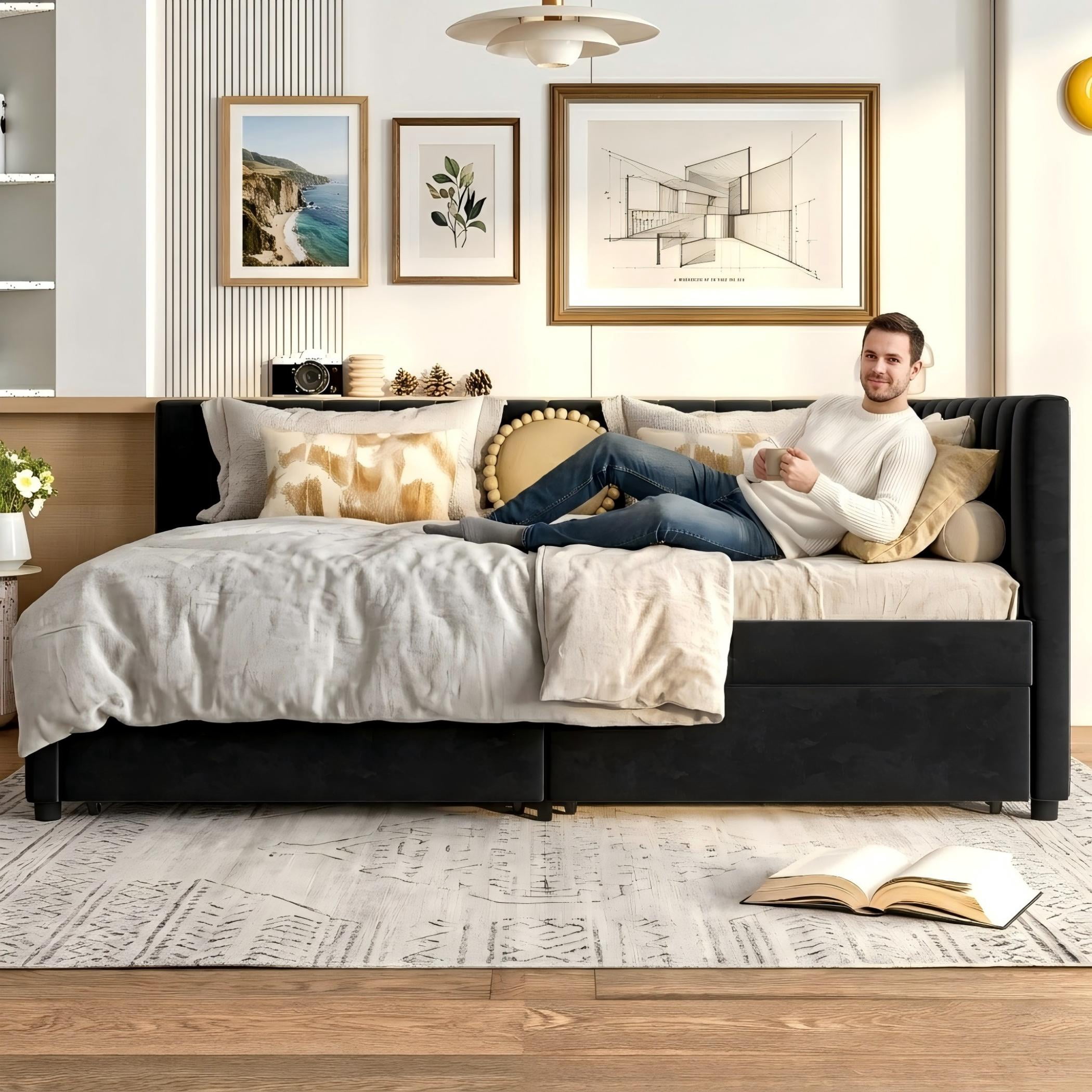Aukfa Queen Size Upholstered Daybed with 2 Storage Drawers, L-Shaped Channel-Tufted Headboard, Black