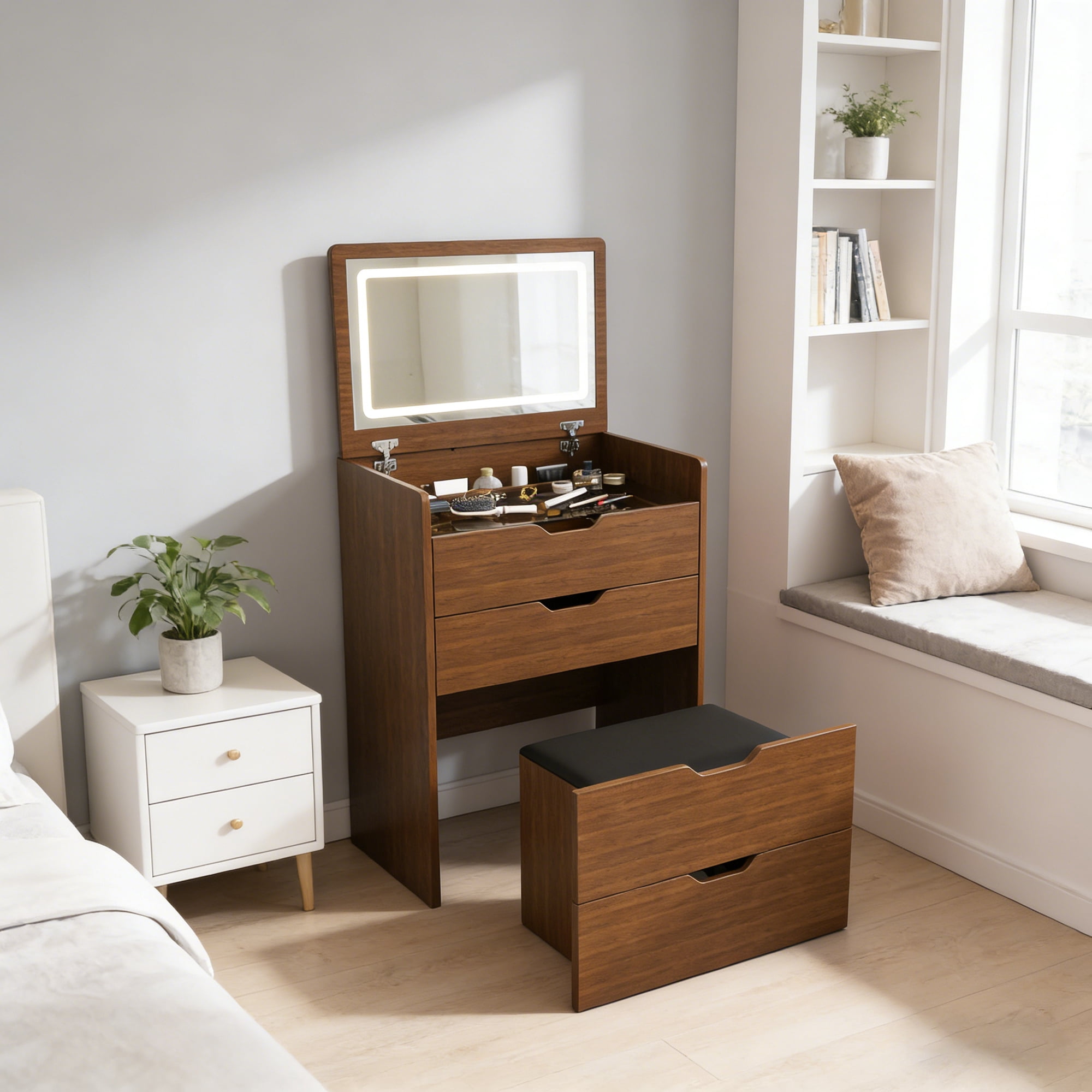 3-in-1 Vanity Desk with Lighted Mirror & Stool, Flip Top Makeup Dressing Table, Compact Storage for Bedroom, Bathroom, Dressing Room (23.62"L, Walnut)