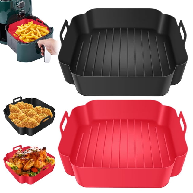2 Pcs Pot en Silicone pour Friteuse à Air Chaud avec Poignée Doublure Réutilisable Panier en Silicone Résistant à la Chaleur Plateau de Cuisson Carré Accessoires pour Friteuse à Air Moule de Cuisson