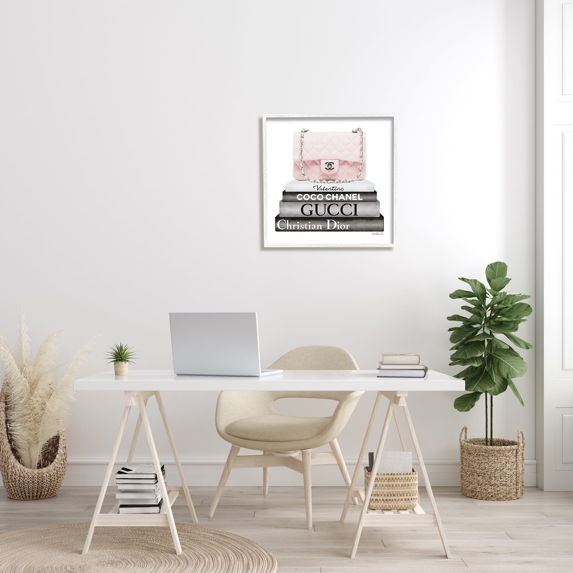 Stupell Industries Pink Quilted Purse on Modern Chic Bookstack Beauty & Fashion Painting White Framed Art Print Wall Art, 24 x 24