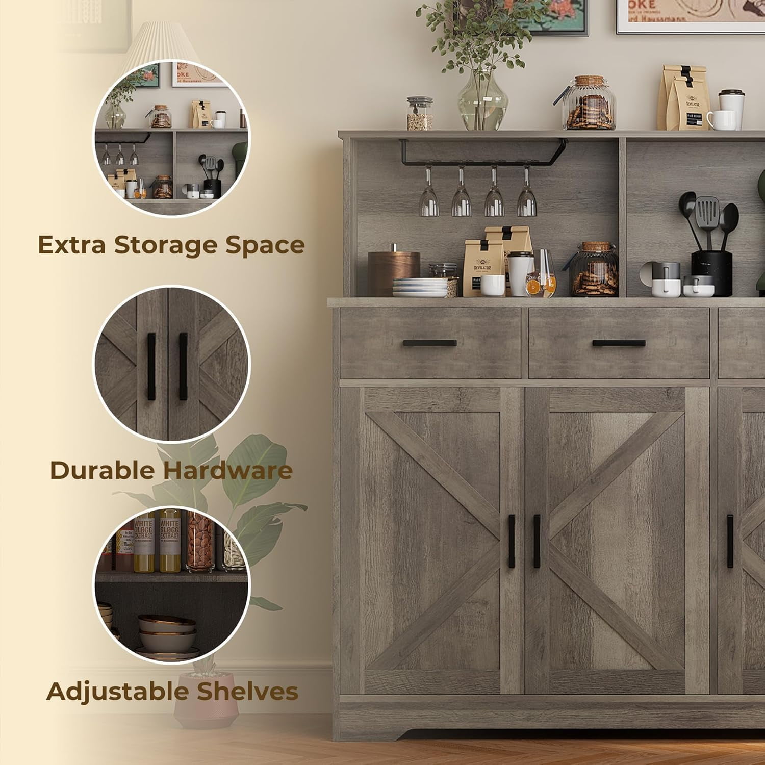 Huisuilinss Kitchen Pantry Storage Cabinet,Farmhouse Kitchen Cabinet,Food Pantry Cabinet with Microwave Stand,Barn Doors Kitchen Hutch with 3 Drawer and Shelves for Dining Room