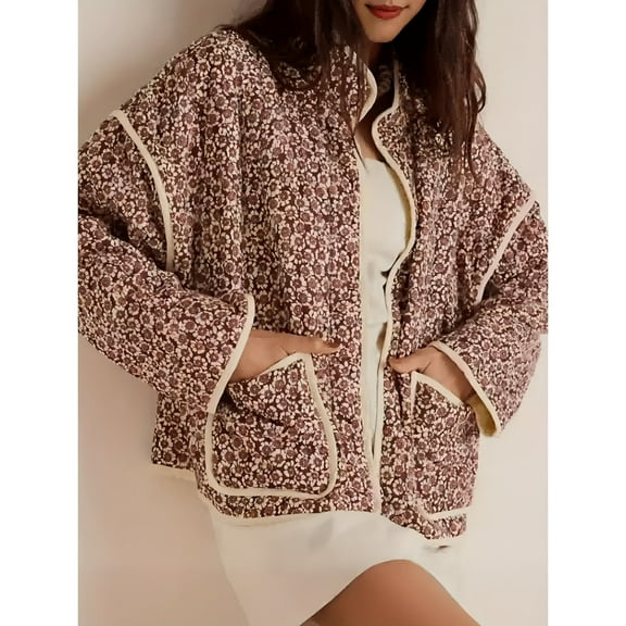 Women's Floral Print Stand up Collar Casual Long Sleeved Plus Velvet Coat