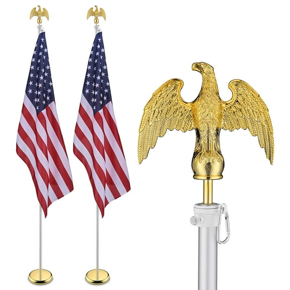 Yescom 2 Pack  8FT Sectional Indoor Flag Pole Kit Eagle Topper Aluminum Silver Pole with 3x5Ft  US Flag & Base Stand