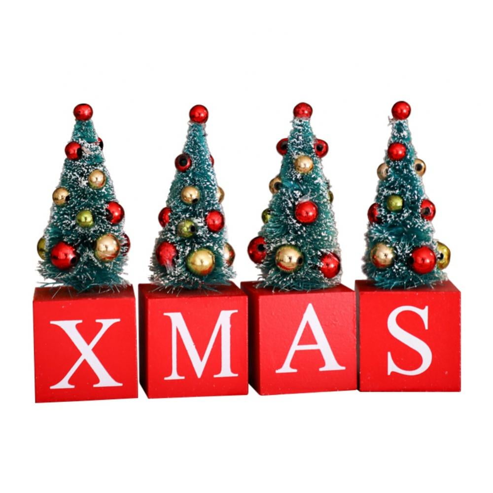 Desktop Miniature Christmas Trees Mini Christmas Tree with Letters XMAS Wood Base for Xmas