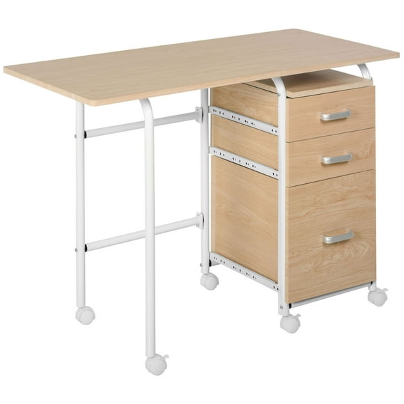 HOMCOM Foldable Computer Desk with Drawers, Executive Student Table with Storage Shelf, 6 Wheels for Bedroom Home Office Workstation, Natural