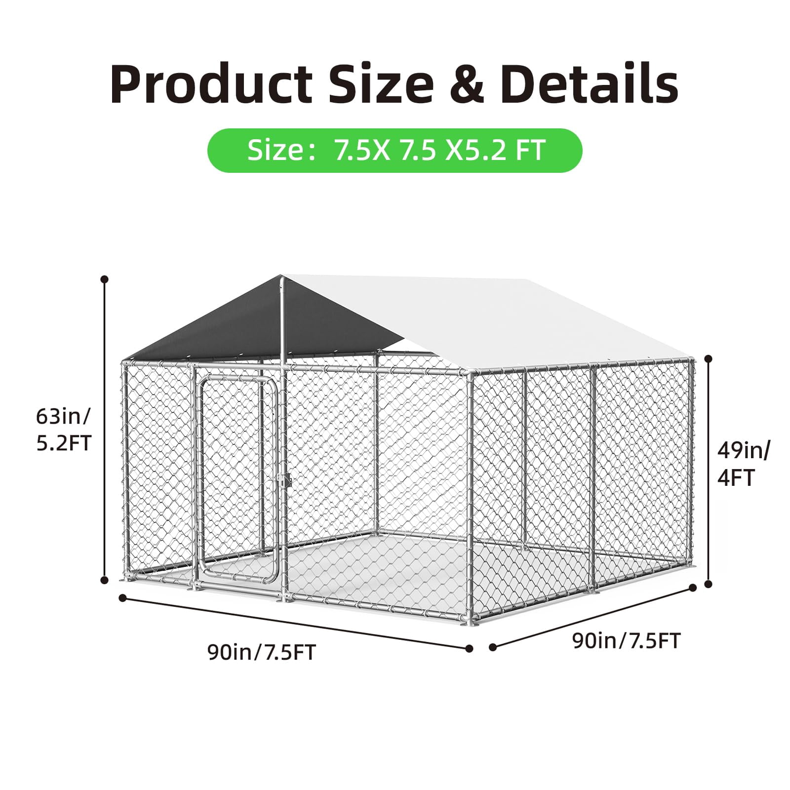 Heavy Duty Outdoor Dog Kennel 7.8x7.8FT Large Metal Enclosure with Waterproof Cover, Secure Lock for Pets, Durable Galvanized Frame, Silvery