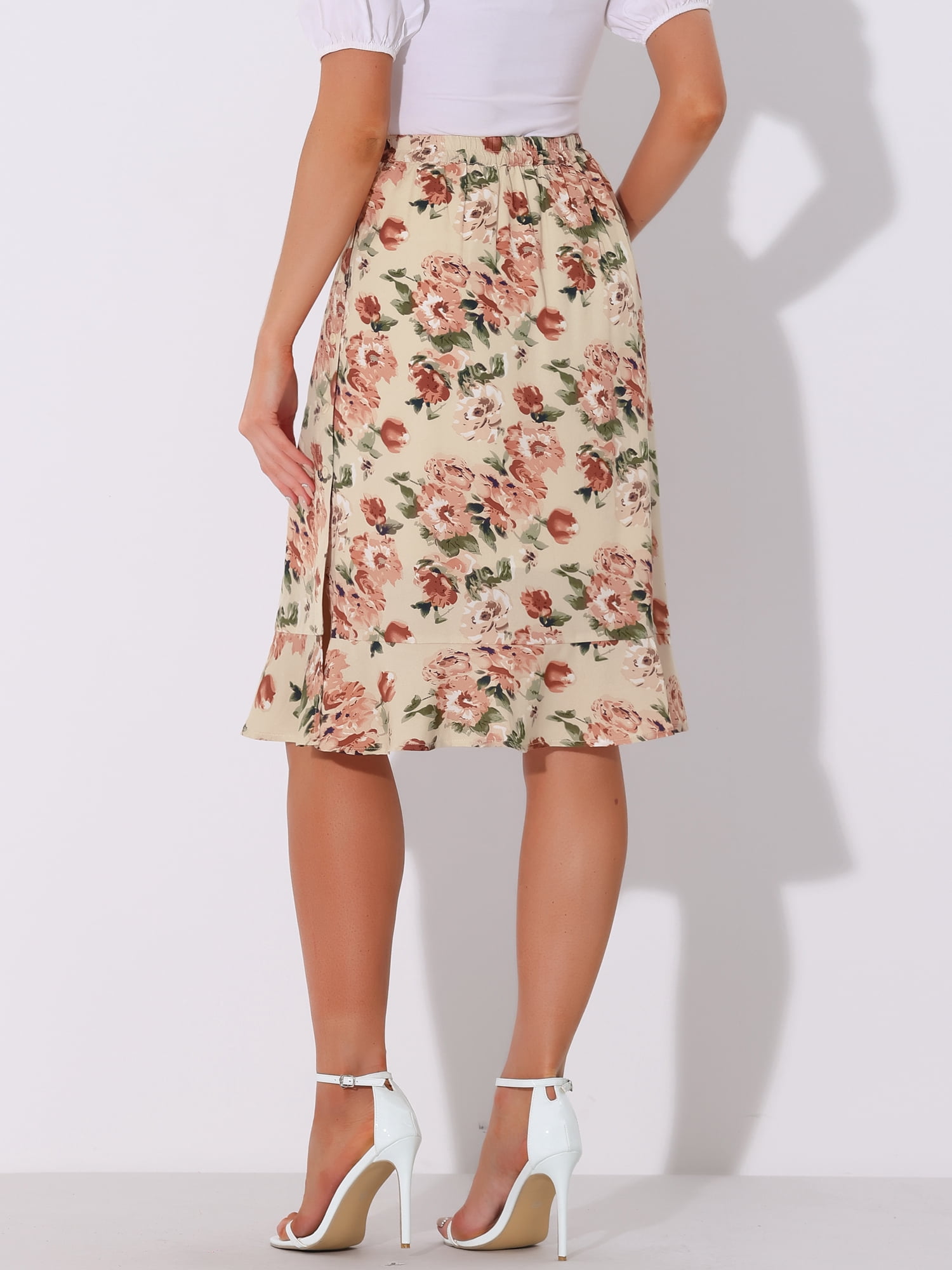 DARING DIVA Women's Floral Ruffle Hem Elastic Back Split Skirt XL Beige