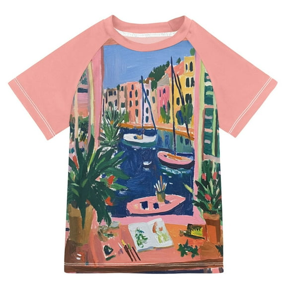 FORMRS Boys Rash Guard with Short Sleeves UPF 50  Swim Shirts Sizes 3-12T, Green Window