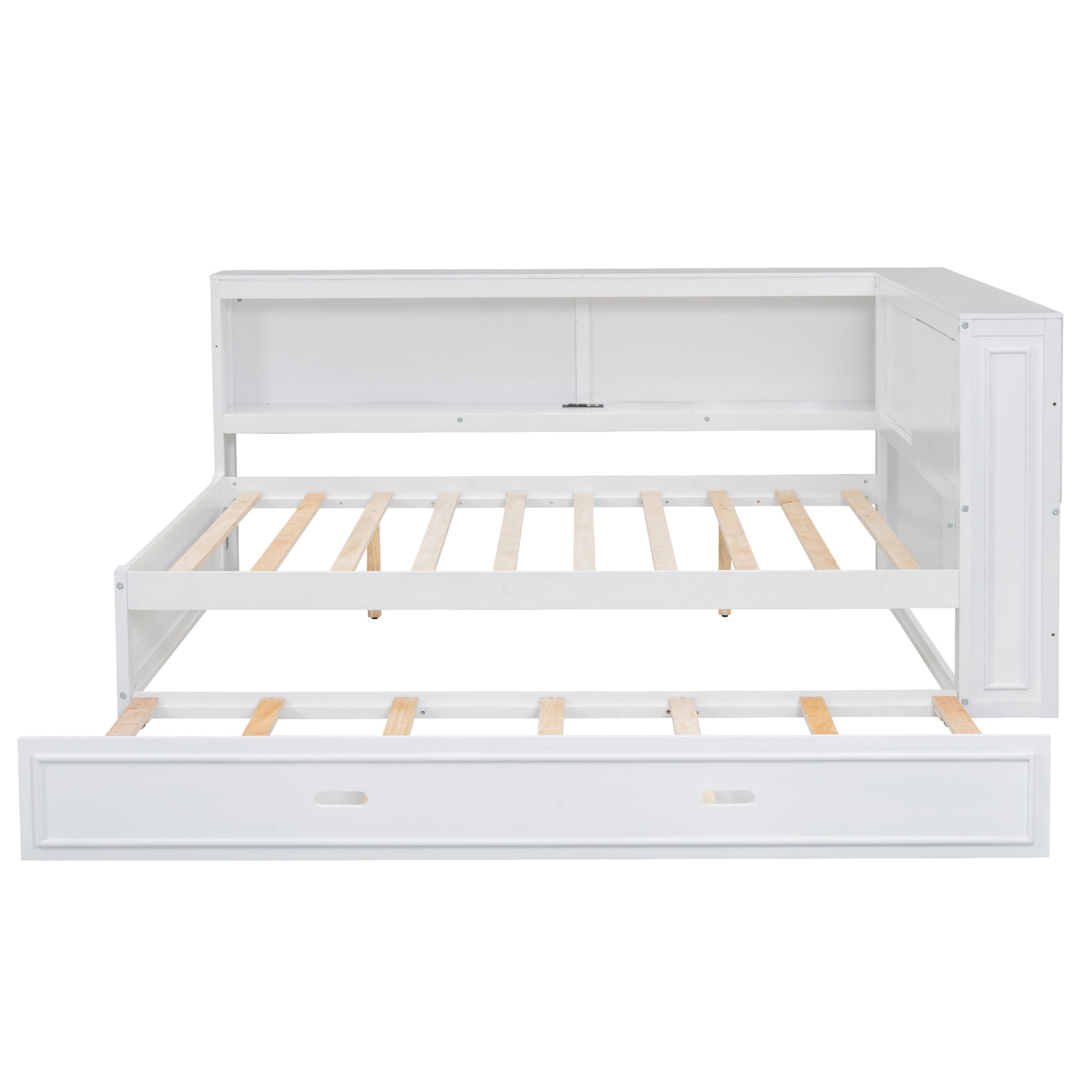Noble House Sheila Full Wood Daybed with Trundle and LED Lighting, Storage Shelves, USB Charging Port, White