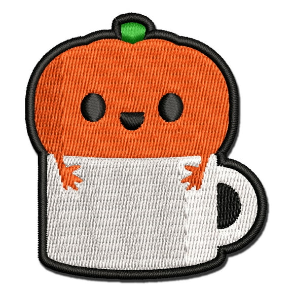 Cute Pumpkin Spice In Mug Coffee Applique Multi-Color Embroidered Iron-On Patch - 2.5 Inch Small