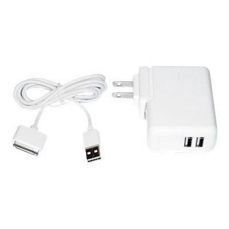 Premiertek Dual USB AC Charger & Sync Cable - Power adapter - 2100 mA - 2 output connectors (USB) - white - for Apple iPad/iPhone/iPod