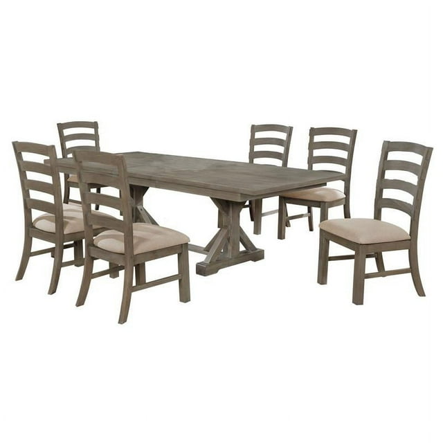 7pc Rustic Gray Brown Wood Dining Set with 6 Beige Linen Chairs