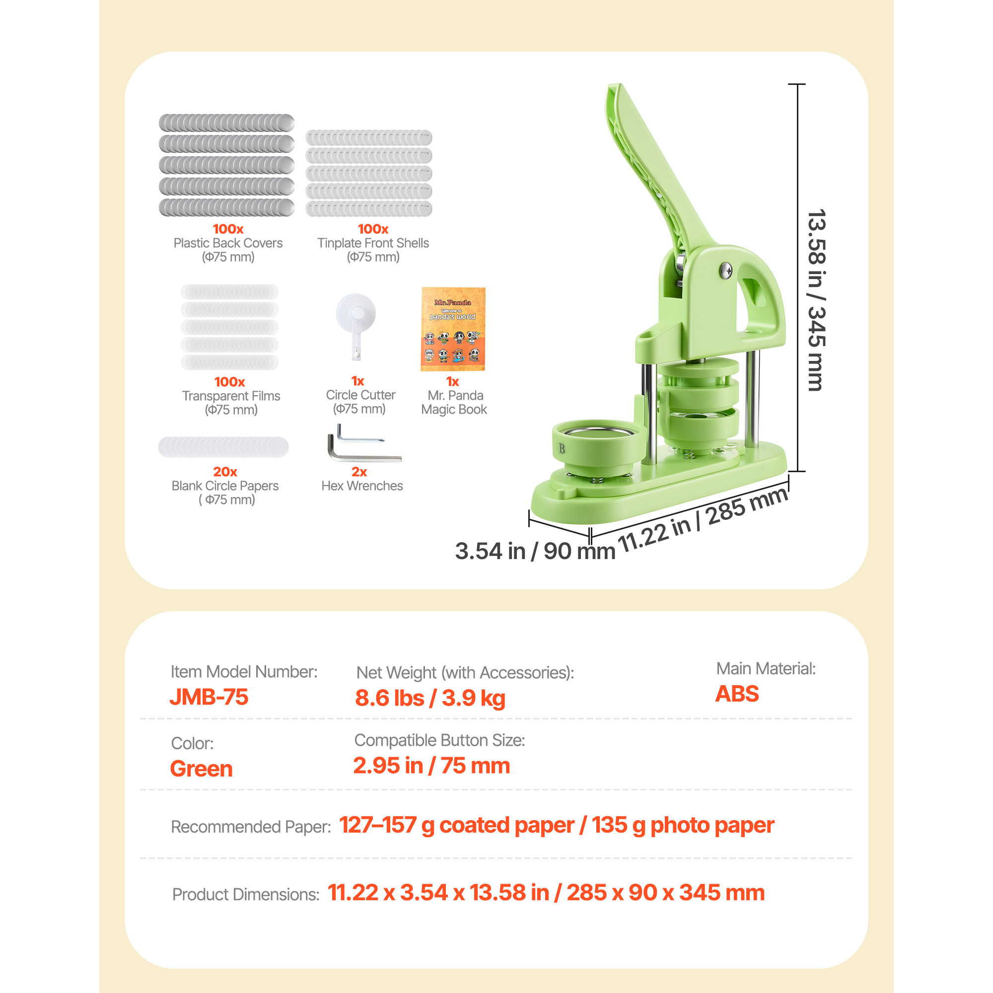 KFFKFF Button Maker Machine, 2.95 in, Plastic Pin Press with 100pcs Button Components, Circle Cutter, and Design Book, Durable Ergonomic Handle, Ideal for DIY Badges, Custom Pins, and Keychains