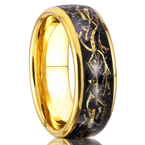 8mm Wide Tungsten Carbide Ring Gold Plated Men's Ring with Copper Wire Inlay and Black Sandstone Accent